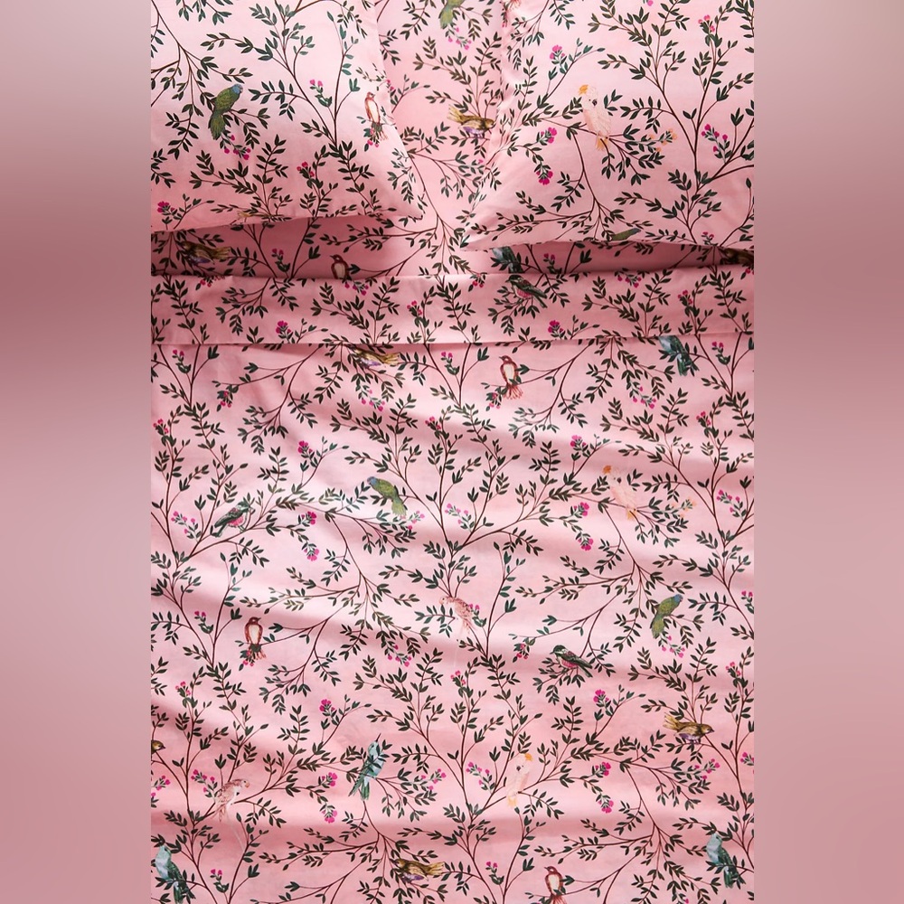 Anthropologie Pink Priyanka Organic Cotton Percale Printed Queen Flat Sheet